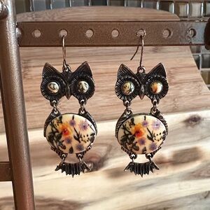 Antique Brass and Porcelain Vintage Owl Earrings with Floral Accents
